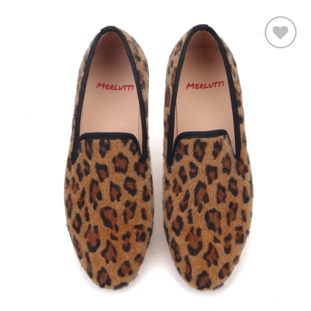 MERLUTTI BROWN LEOPARD PRINT LOAFERS, SIZE 12